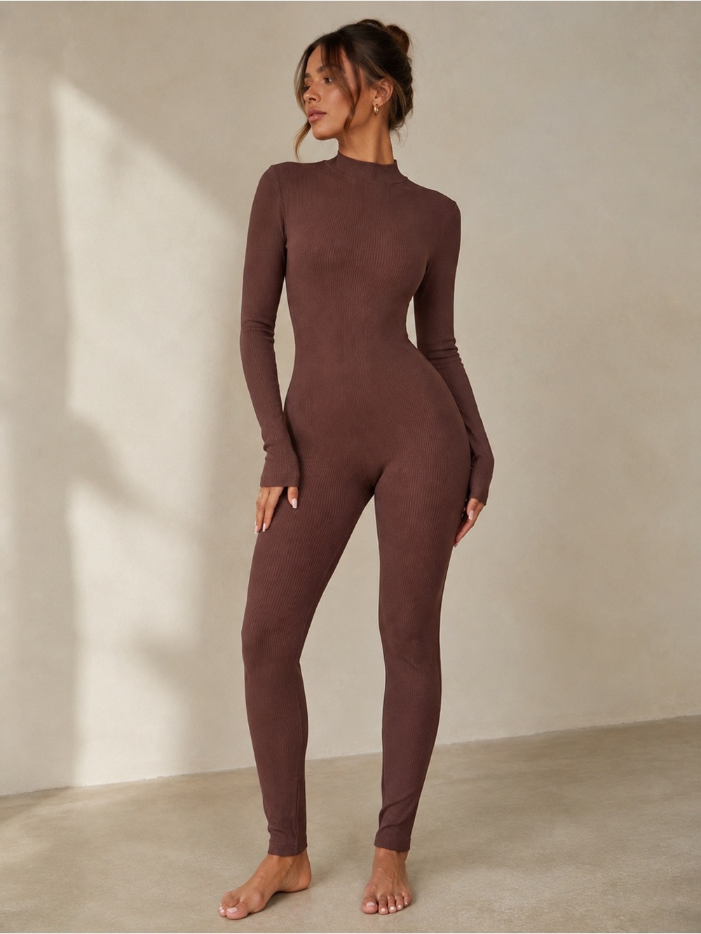 Naked Wardrobe Ribbed Snatched Jumpsuit Chocolate